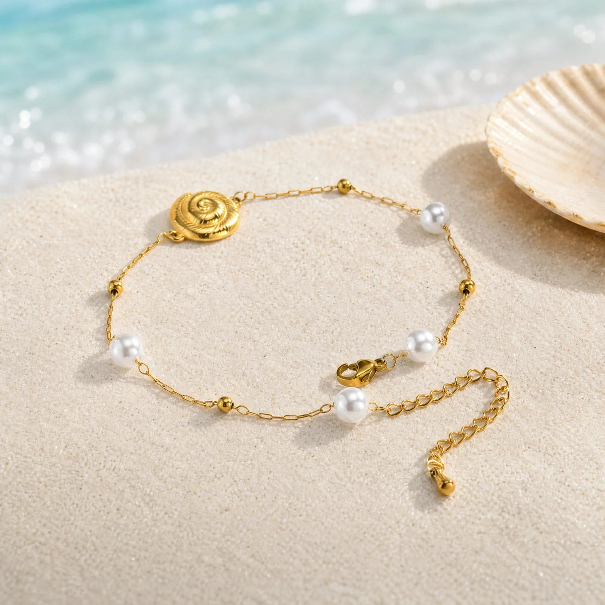 Shell Pearl Adjustable Anklet – Waterproof Stainless Steel Beaded Anklet SPOT