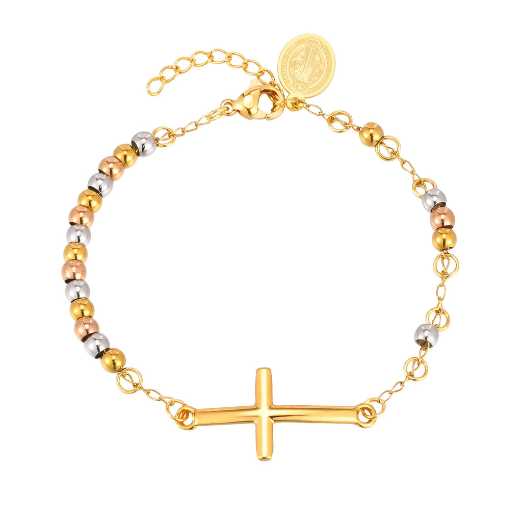 Virgin Mary Cross Bracelet – Triple Tone Rosary Bead for Women Religious Bracelet SPOT