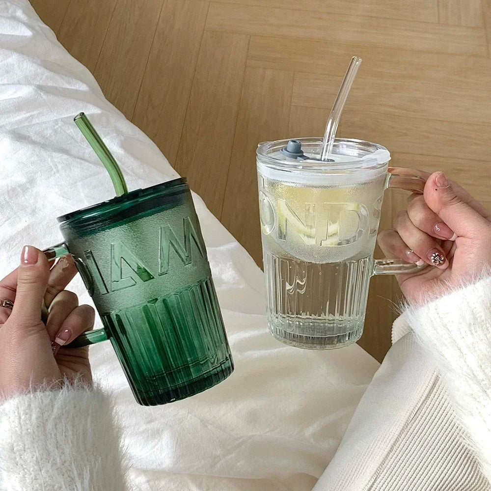 400ml Retro Glass Tumbler with Lid & Straw | Coffee Mug Glass Tumbler SPOT
