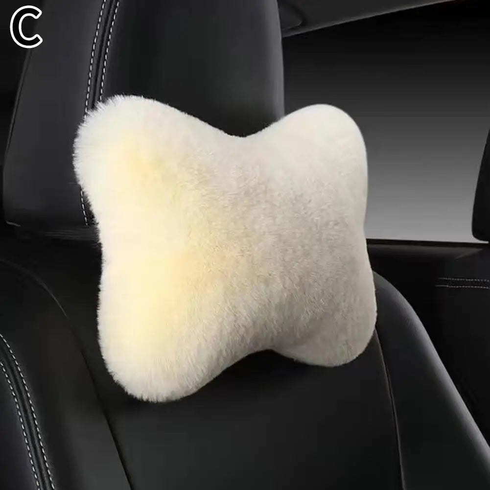 Plush Car Neck & Lumbar Pillow – Soft Universal Headrest Cushion Car Neck Pillow SPOT White