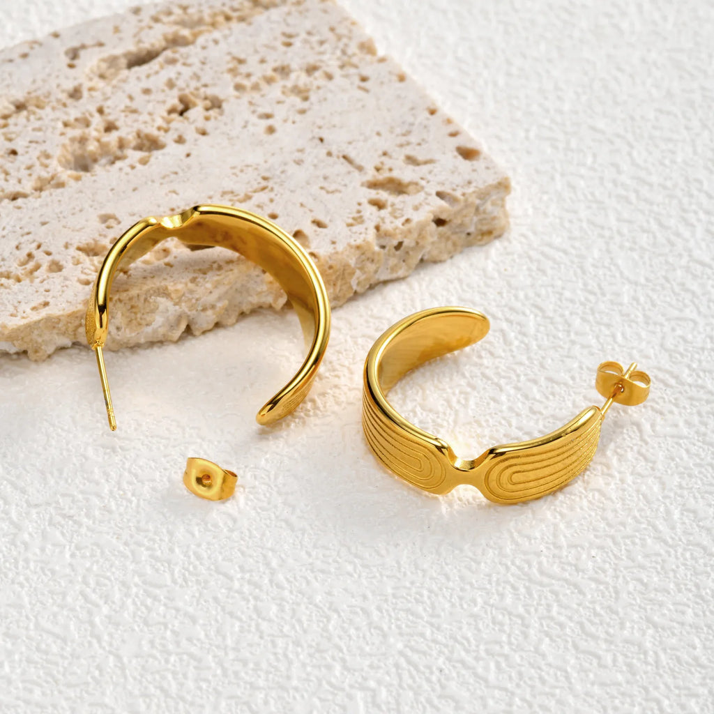 Gold C-Hoop Earrings – Textured Stainless Steel, Hypoallergenic Hoop Earrings SPOT