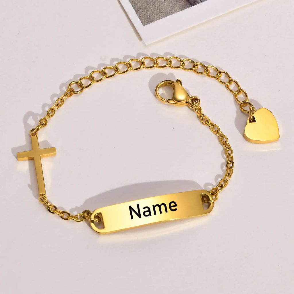 Personalized Kids ID Cross Bracelet – Custom Name, Gold/Silver ID Cross Bracelet SPOT