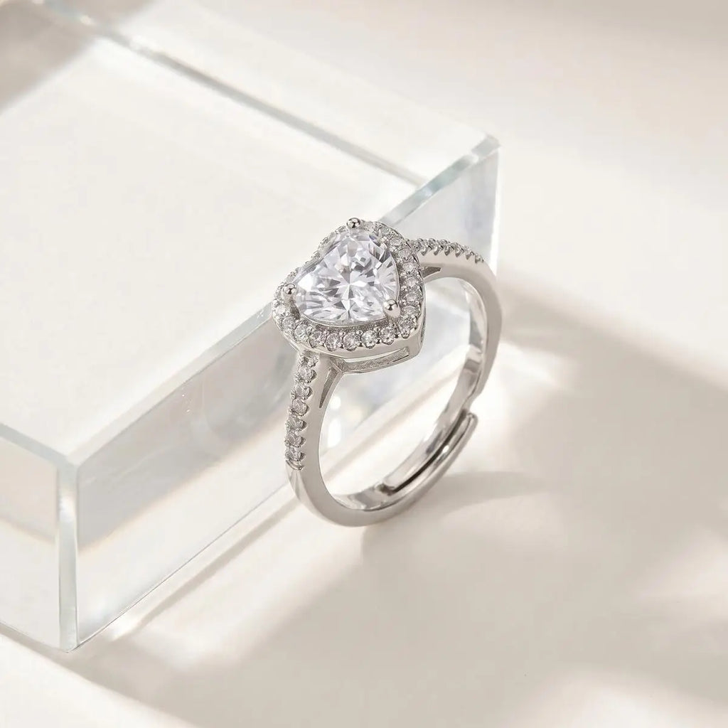 Adjustable Zircon Heart Ring for Women – Open Band, Silver Fashion Ring SPOT