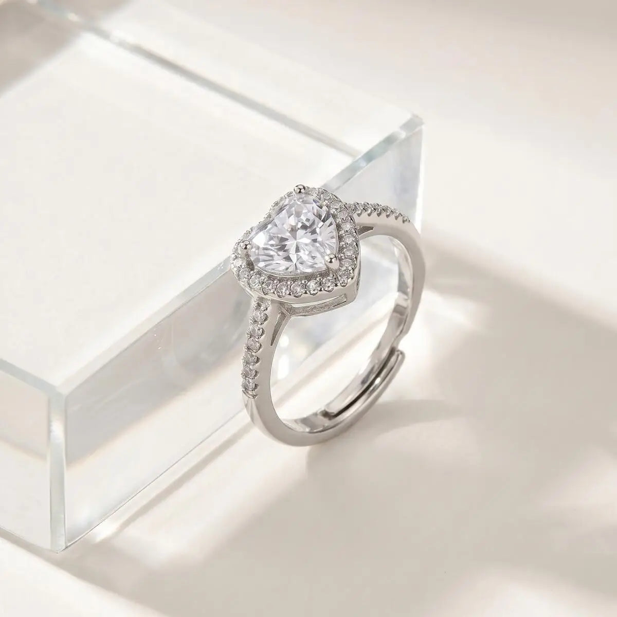 Adjustable Zircon Heart Ring for Women – Open Band, Silver Fashion Ring SPOT