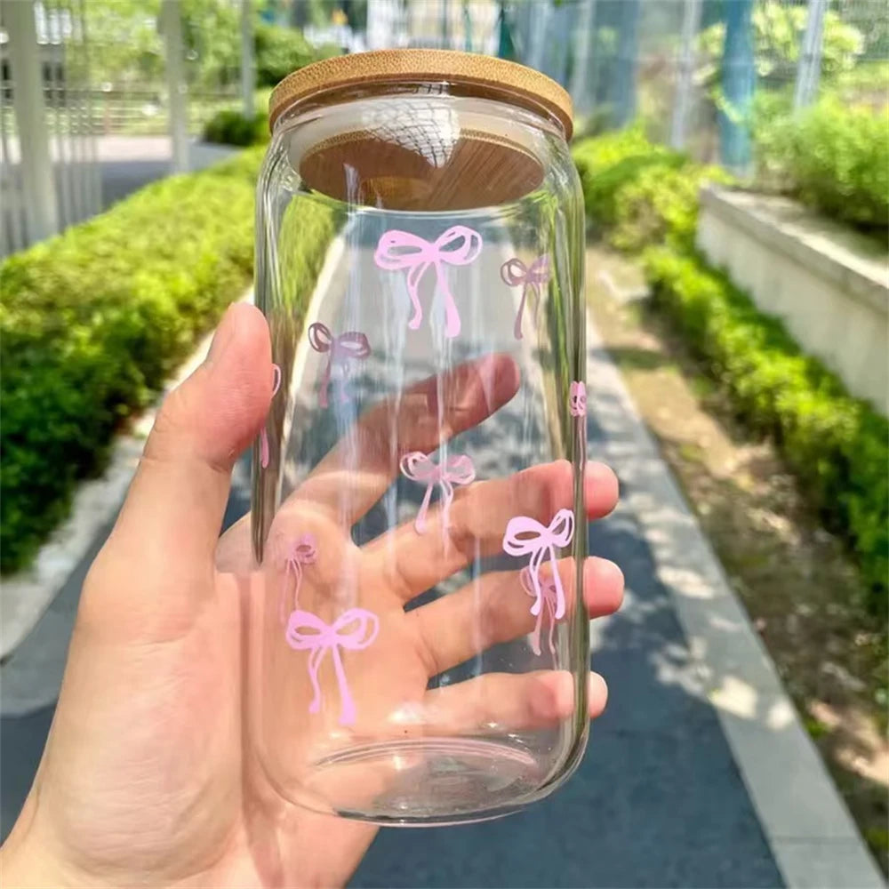 Pink Bow Glass Tumbler 18oz with Lid & Straw | Cute Cup Glass Tumbler Cup SPOT