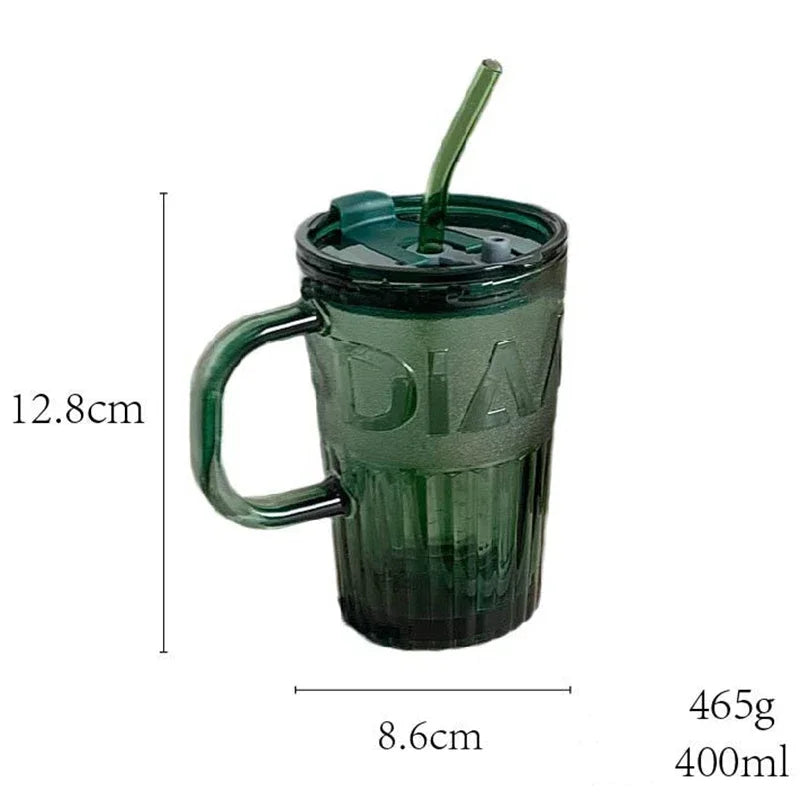 400ml Retro Glass Tumbler with Lid & Straw | Coffee Mug Glass Tumbler SPOT