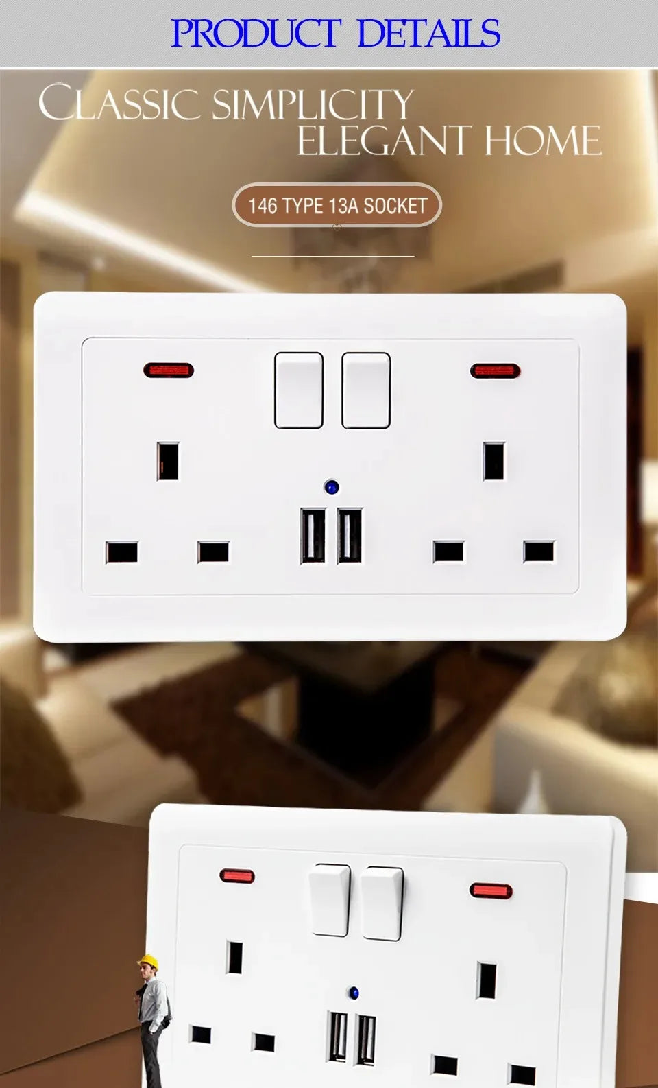 UK 13A Double Wall Socket with Dual USB-C Fast Charge & LED Wall Socket Outlet SPOT