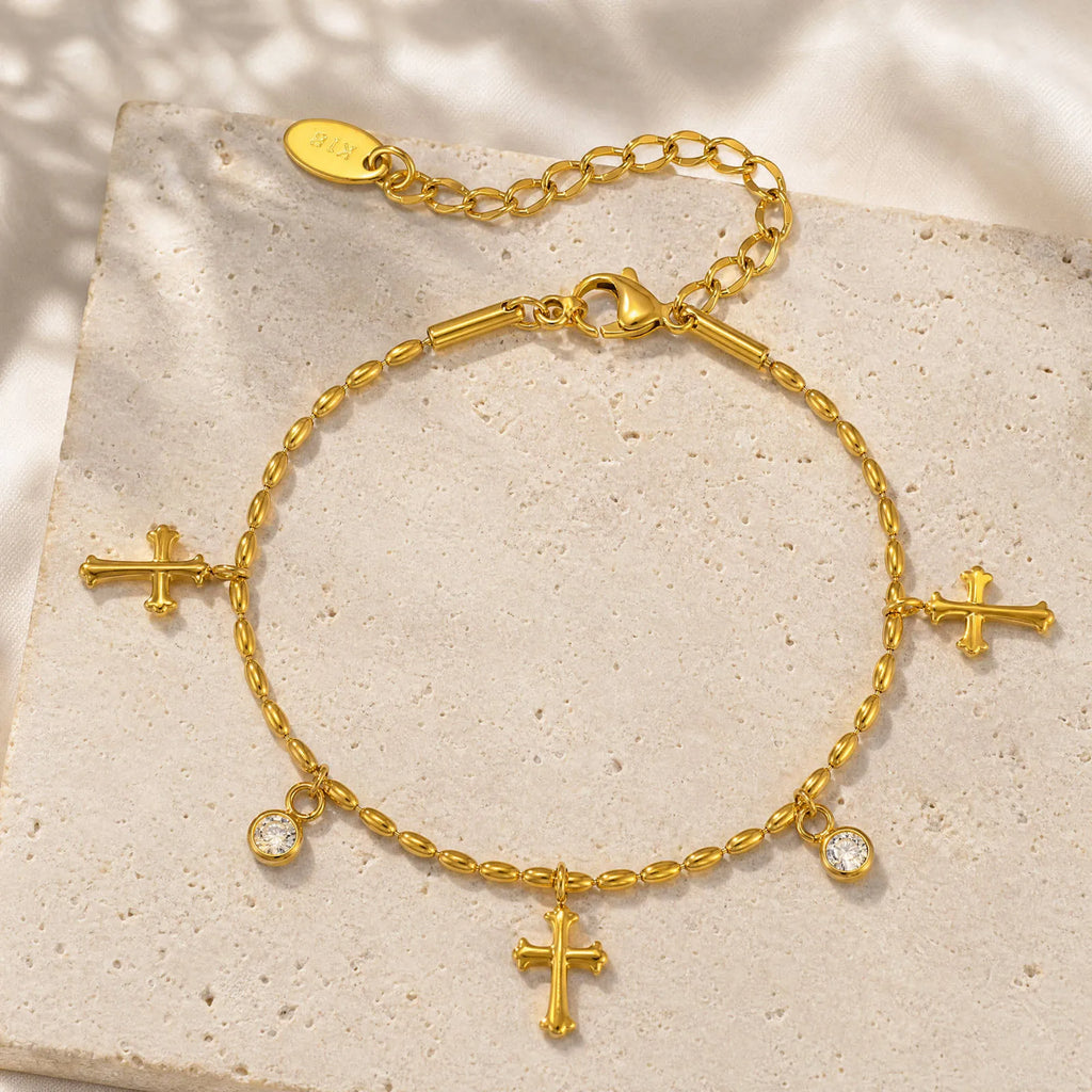CZ Cross Bracelet Gold Plated Olive Bead Chain for Women Charm Bracelet SPOT