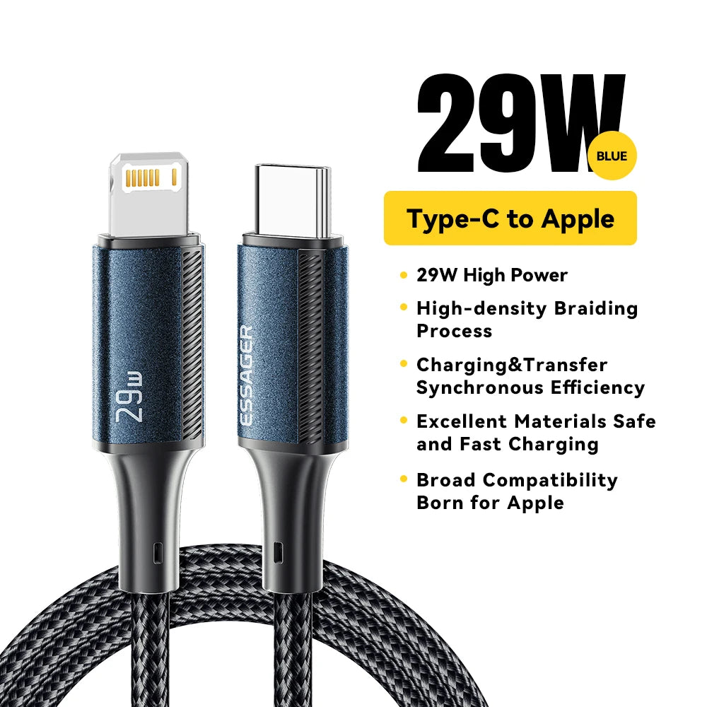 Essager USB-C to Lightning Cable 29W PD Fast Charging – 0.5–3m USB Charging Cable SPOT Blue 27W 1m