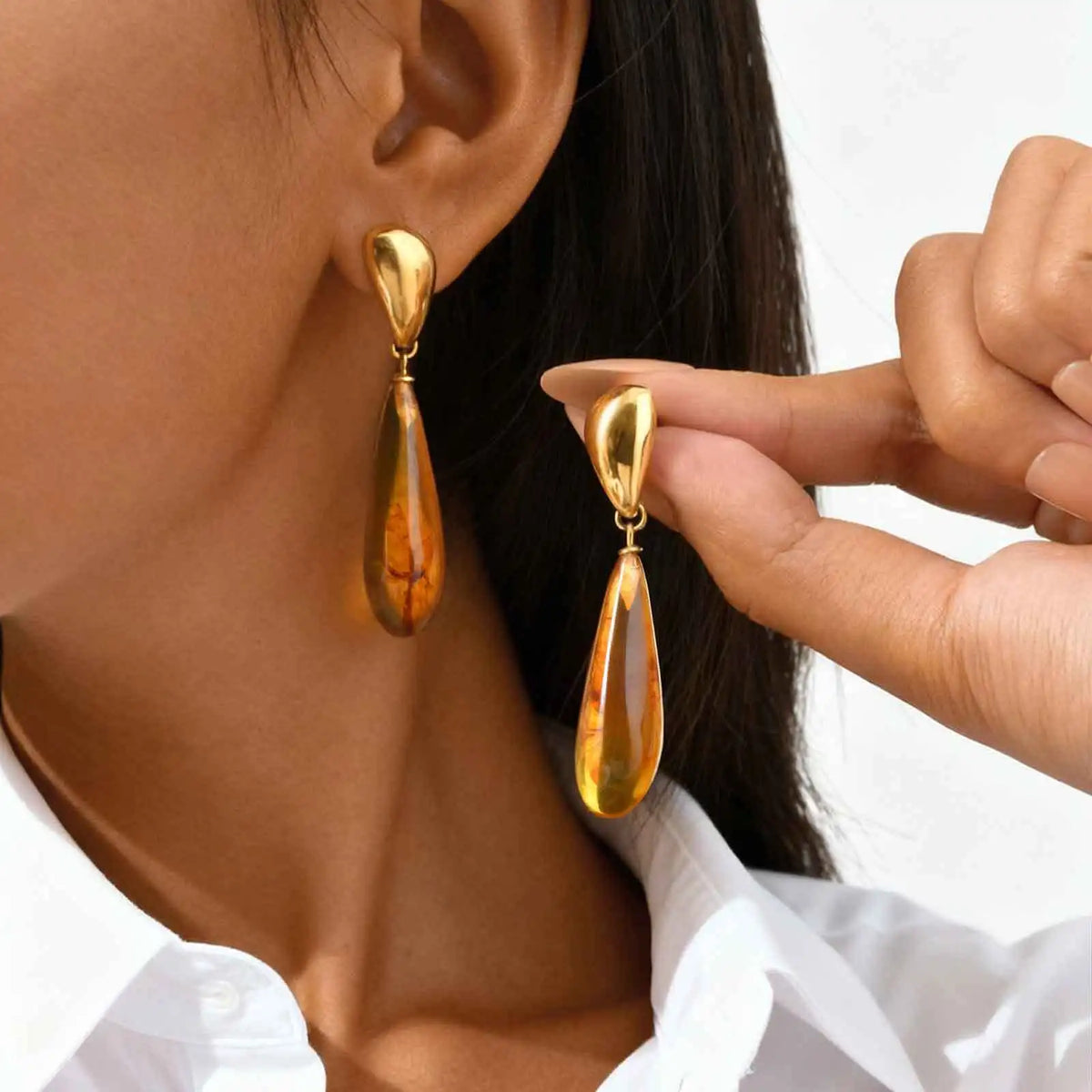 Amber Resin Teardrop Dangle Earrings – Gold Statement Drops Dangle Earrings SPOT
