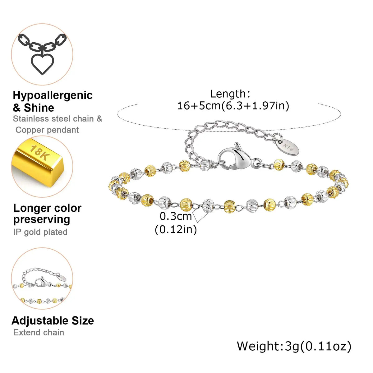 Two-Tone Ball Bead Bracelet – 18K Gold Plated Stainless Steel Beaded Bracelet SPOT