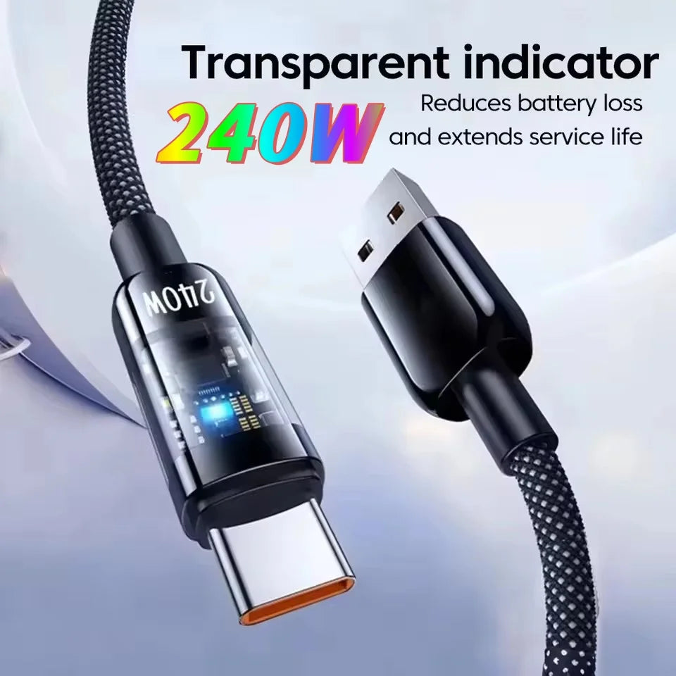 240W USB-A to USB-C Fast Charging Cable QC3.0 LED Nylon Braid USB-C Charging Cable SPOT