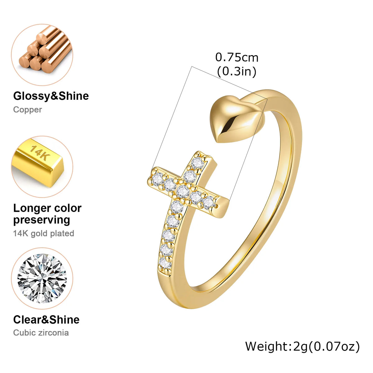 18K Gold Plated Heart Cross Ring – CZ Adjustable Open Band Fashion Ring SPOT