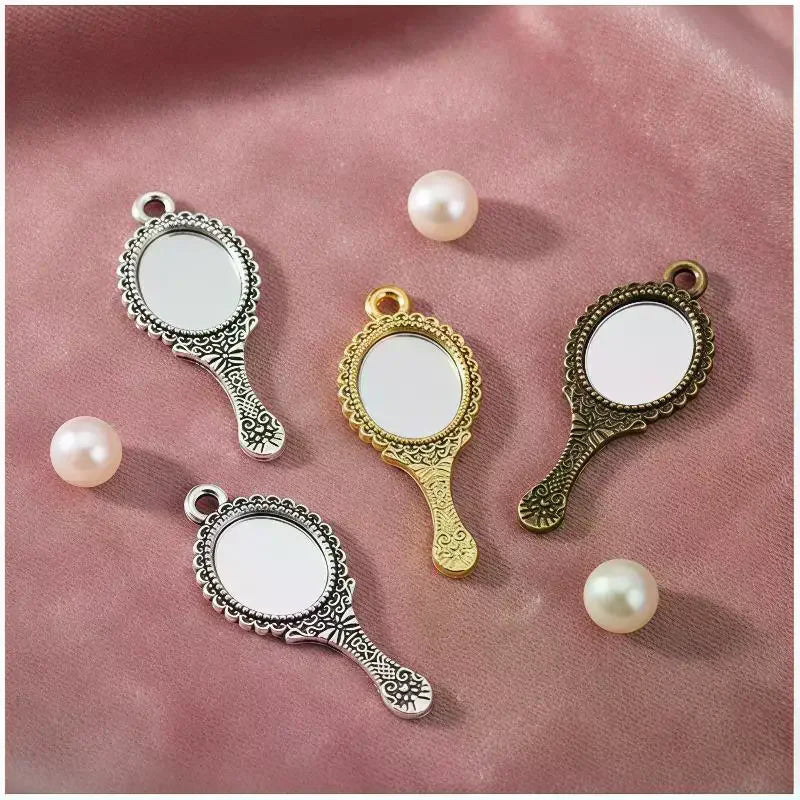10-Pack Vintage Alloy Mini Mirror Charms – Antique Engraved DIY DIY Jewelry Charms SPOT