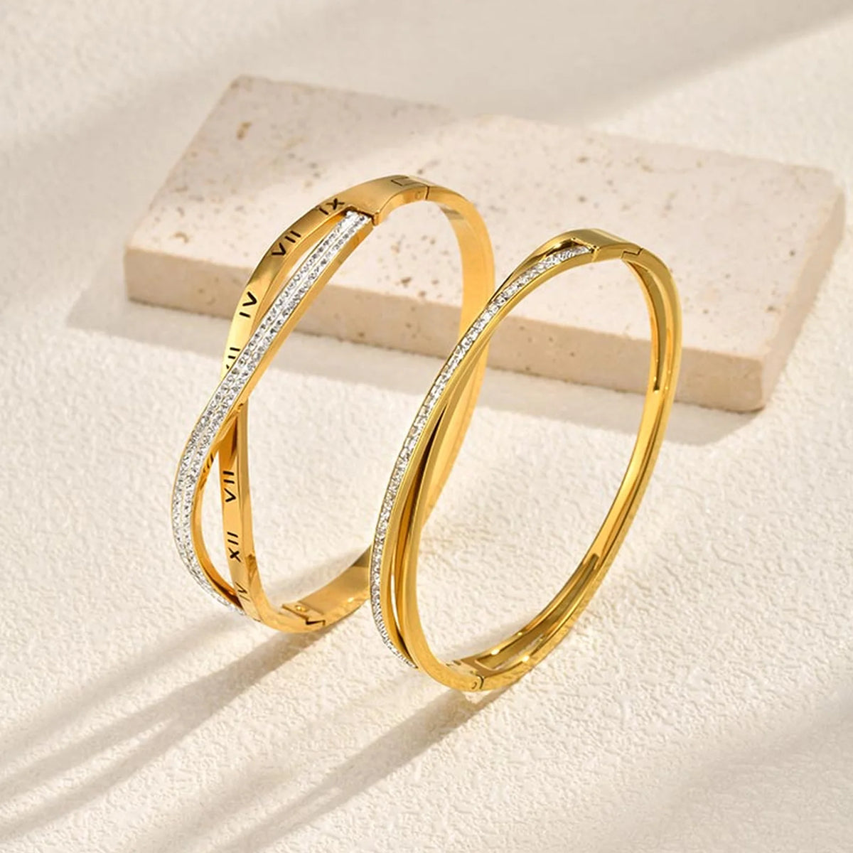 Zircon Crossed Gold Stainless Steel Bangle Bracelet | Women Bangle Bracelet SPOT