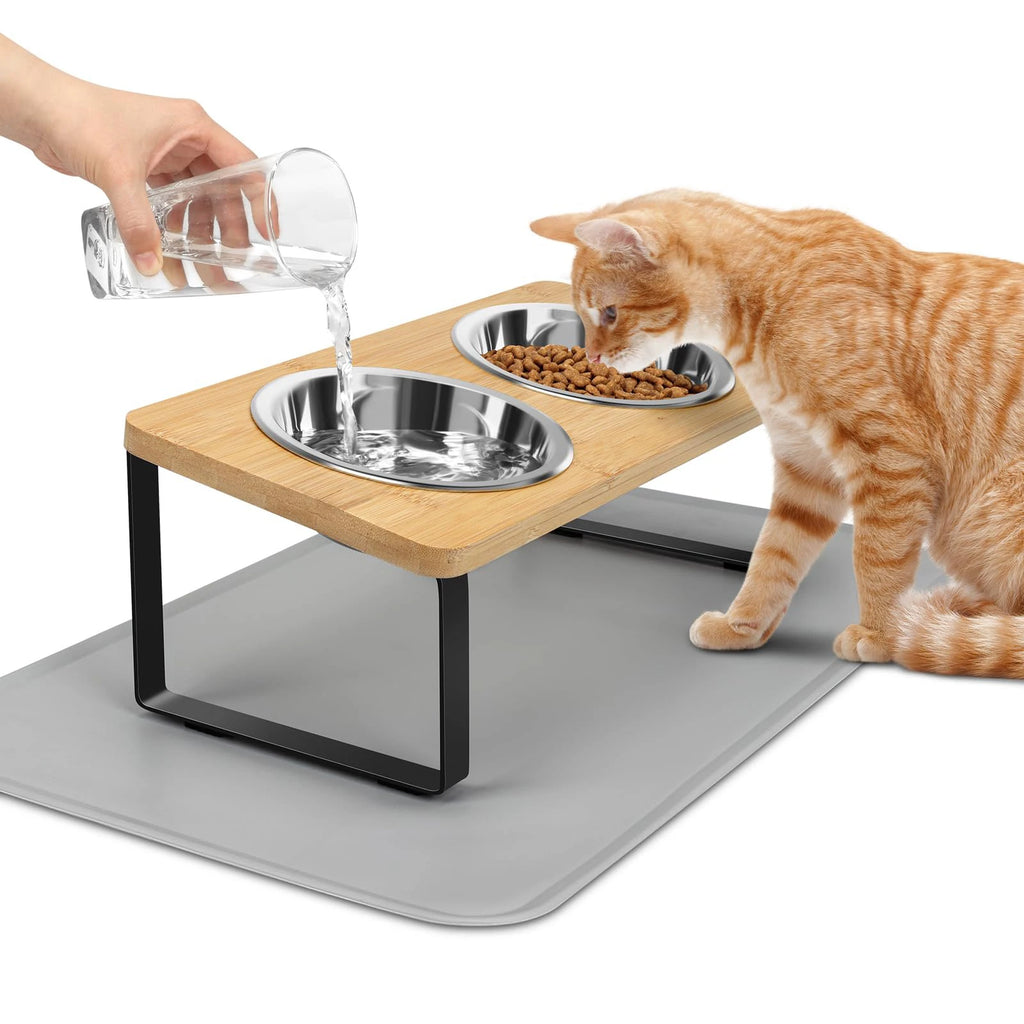 Elevated Cat Bowls with Mat – 15° Tilted Stand & 2 Steel Bowls Raised Cat Feeder SPOT