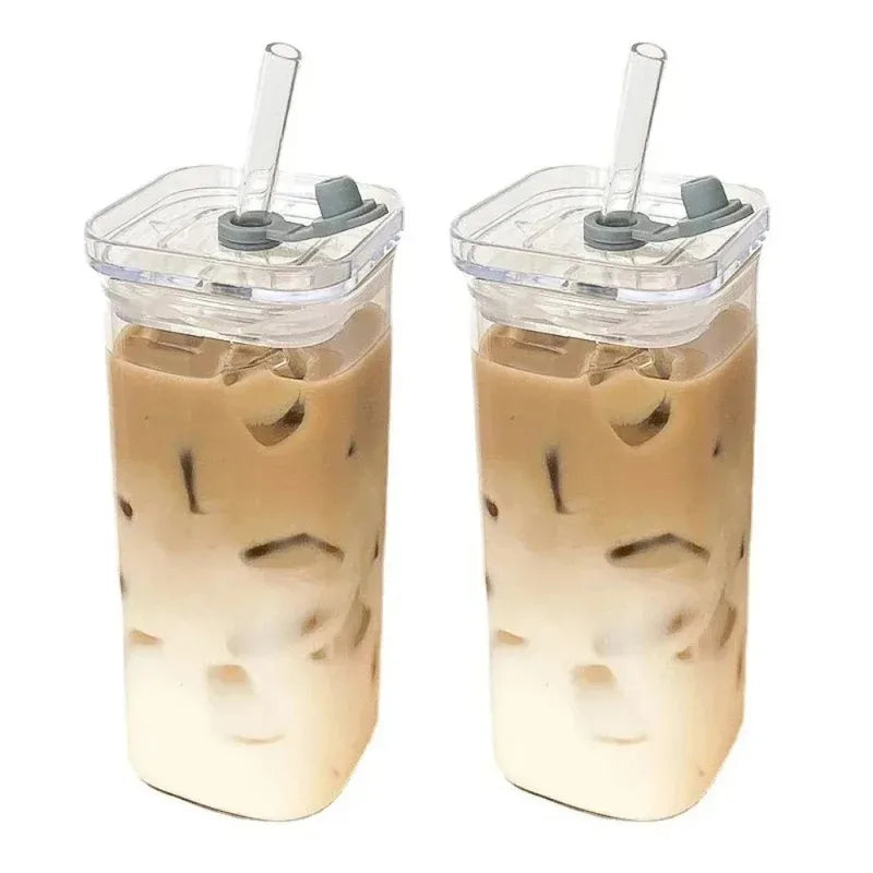 Square Glass Cup with Lid & Straw – 400ml Clear Coffee Mug Glass Drinkware SPOT