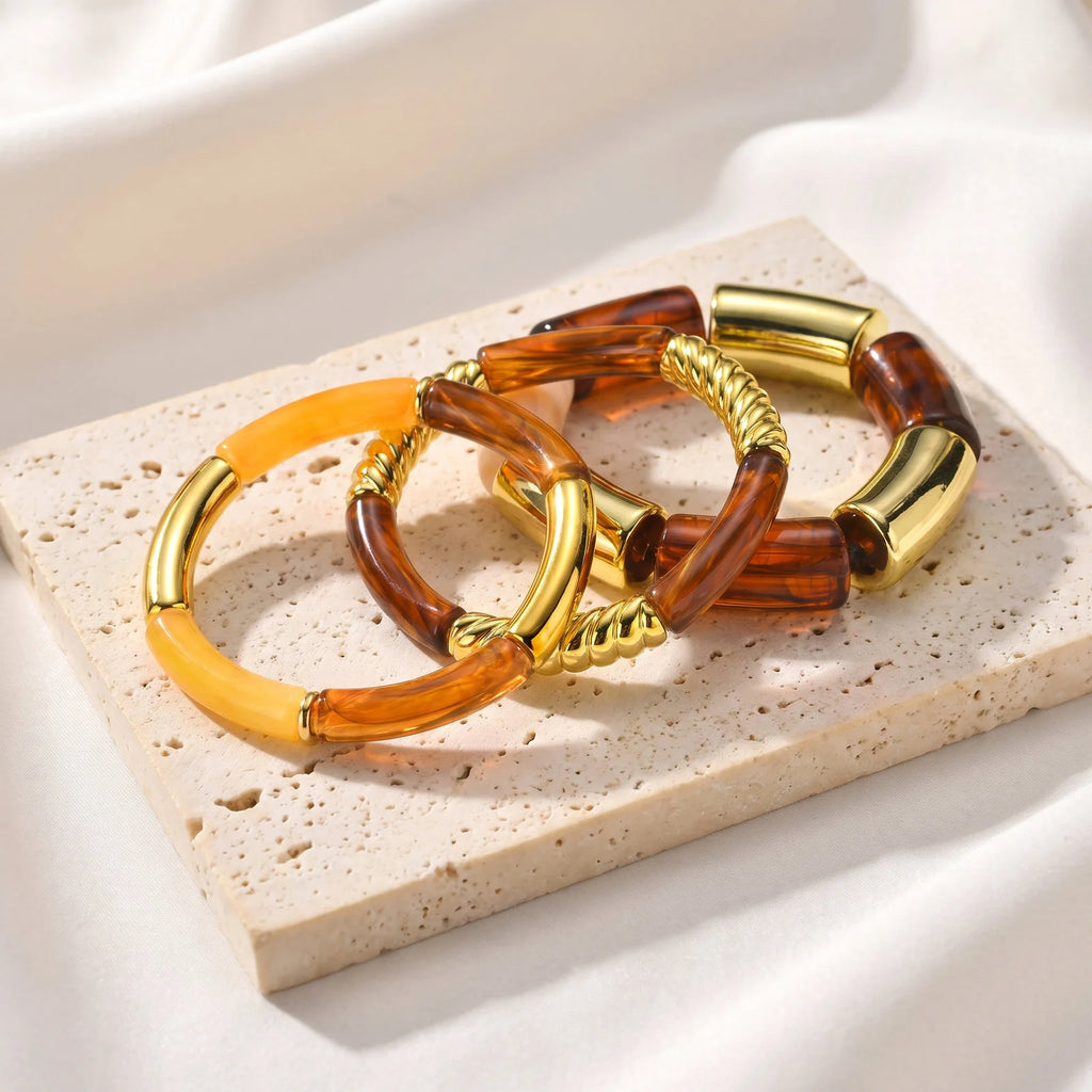 Chunky Resin Stretch Bracelet – Amber Brown Vintage Stack Jewelry Resin Stretch Bracelet SPOT