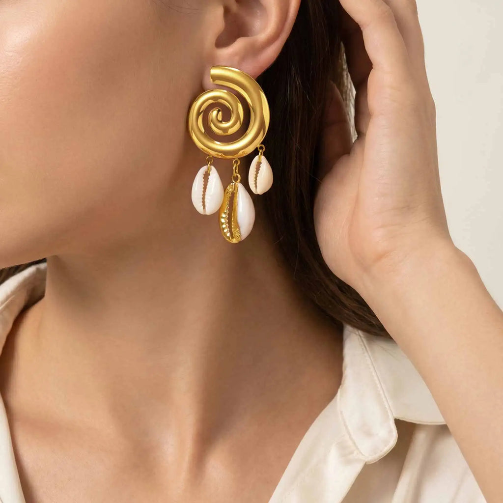 Gold Geometric Cowrie Shell Drop Earrings – Stainless Steel Shell Drop Earrings SPOT