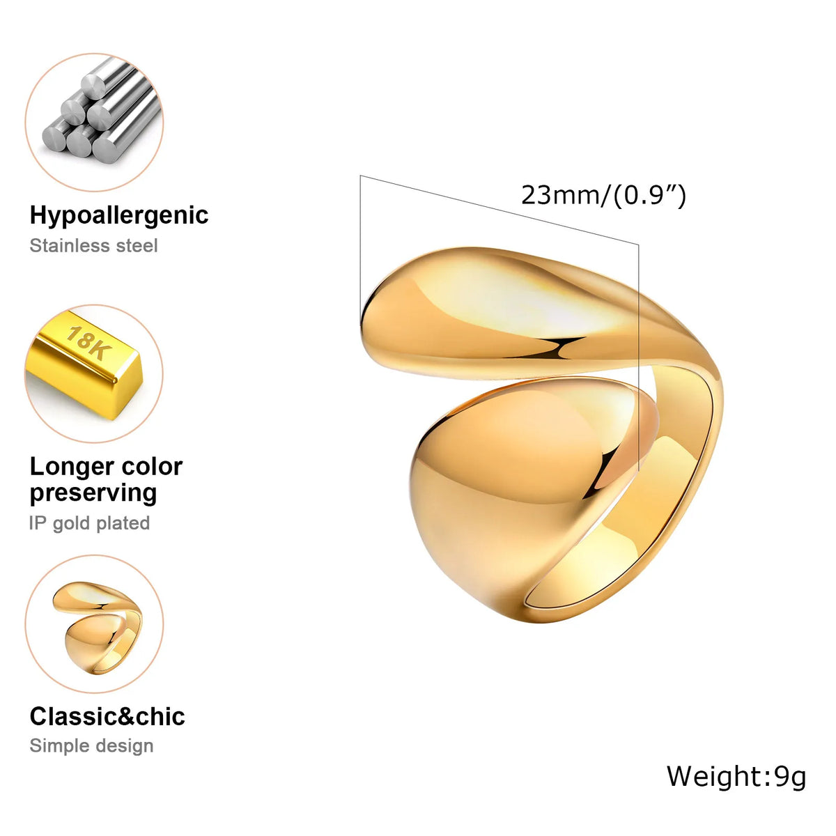 Pearl Open Ring Women – 18K Gold Plated Stainless Steel Cuff Fashion Ring SPOT RC-649G US Ring Size 08