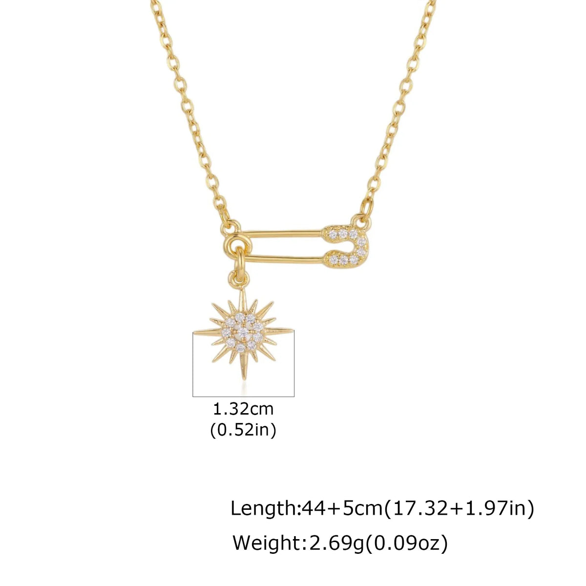 Safety Pin Necklace Pavé CZ Star Moon Sun Charm | Women Pendant Necklace SPOT NC-3063G-1