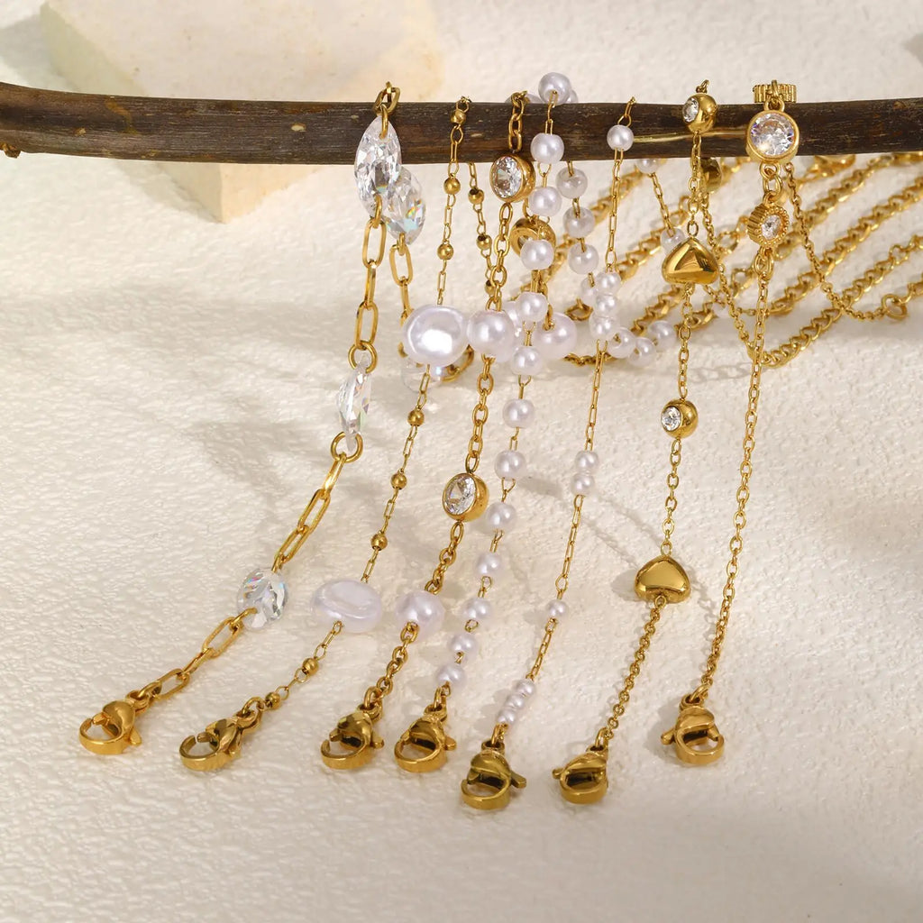 Pearl & Zirconia 18K Gold Plated Adjustable Stack Bracelet Beaded Link Bracelet SPOT