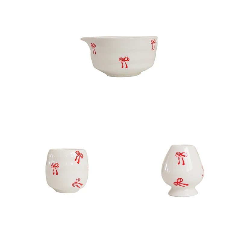 Ceramic Red Bowknot Matcha Bowl Set – 2 or 3 Piece Tea Set Matcha Tea Set SPOT 3Pcs