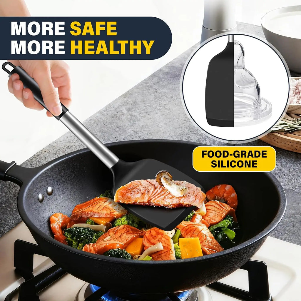 2-Piece Silicone Spatula Set – Solid & Slotted Turner, Steel Handle Silicone Spatula Set SPOT