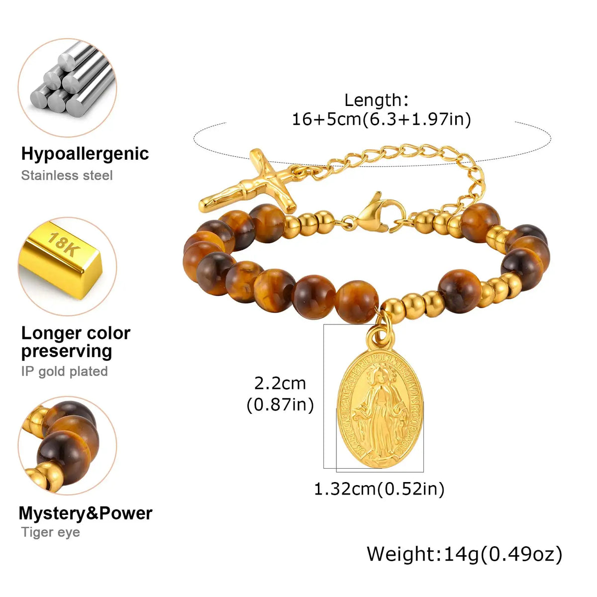 Virgin Mary Cross Rosary Bracelet – Tiger Eye Beaded, Women Religious Beaded Bracelet SPOT