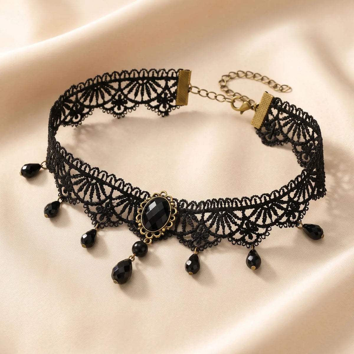 Gothic Black Lace Choker – Teardrop Bead Vintage Collar Necklace Gothic Choker Necklace SPOT
