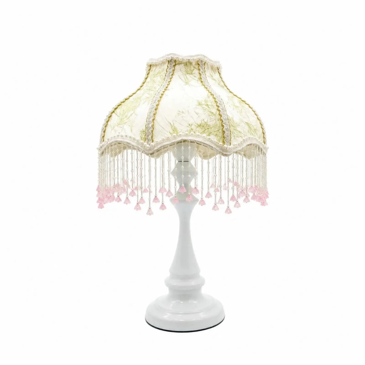 Vintage Pedestal Table Lamp – Crystal Bead Fringe Shade Decorative Table Lamp SPOT BeigeUSB 100V-240V US Plug