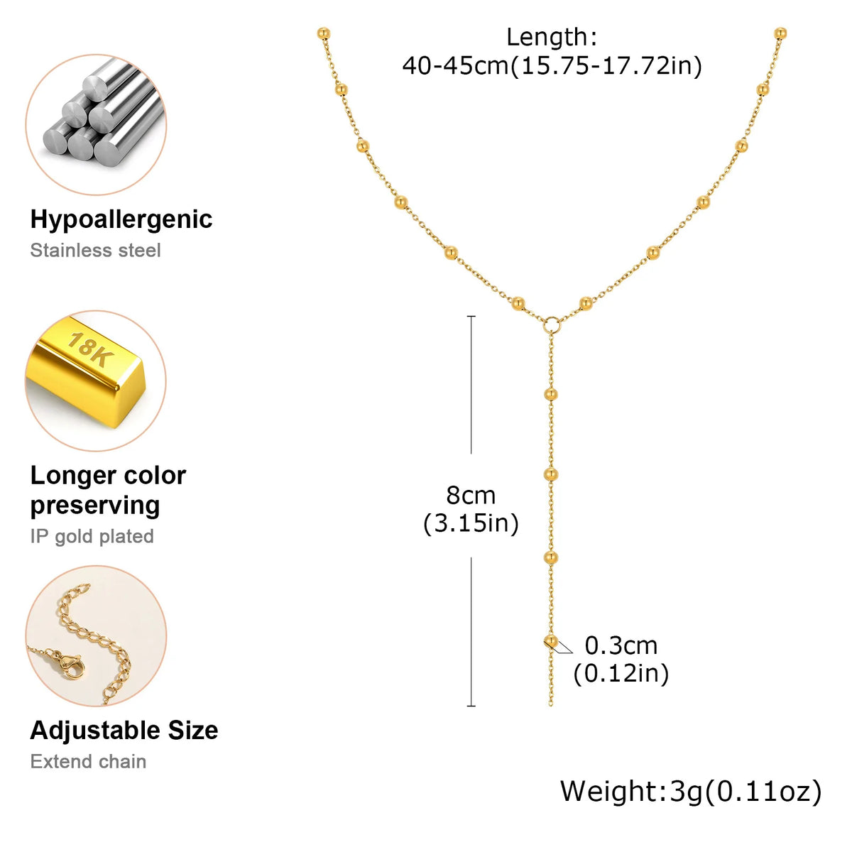 Y-Shape Ball Bead Lariat Necklace – Gold Stainless Steel Lariat Necklace SPOT