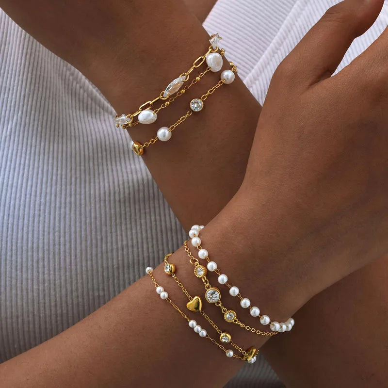 Pearl & Zirconia 18K Gold Plated Adjustable Stack Bracelet Beaded Link Bracelet SPOT