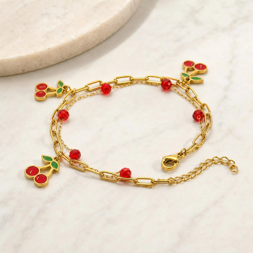 18K Gold Cherry Charm Bracelet – Y2K Crystal Bead Double Layer Charm Bracelet SPOT