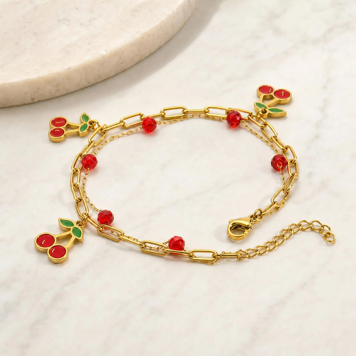 18K Gold Cherry Charm Bracelet – Y2K Crystal Bead Double Layer Charm Bracelet SPOT