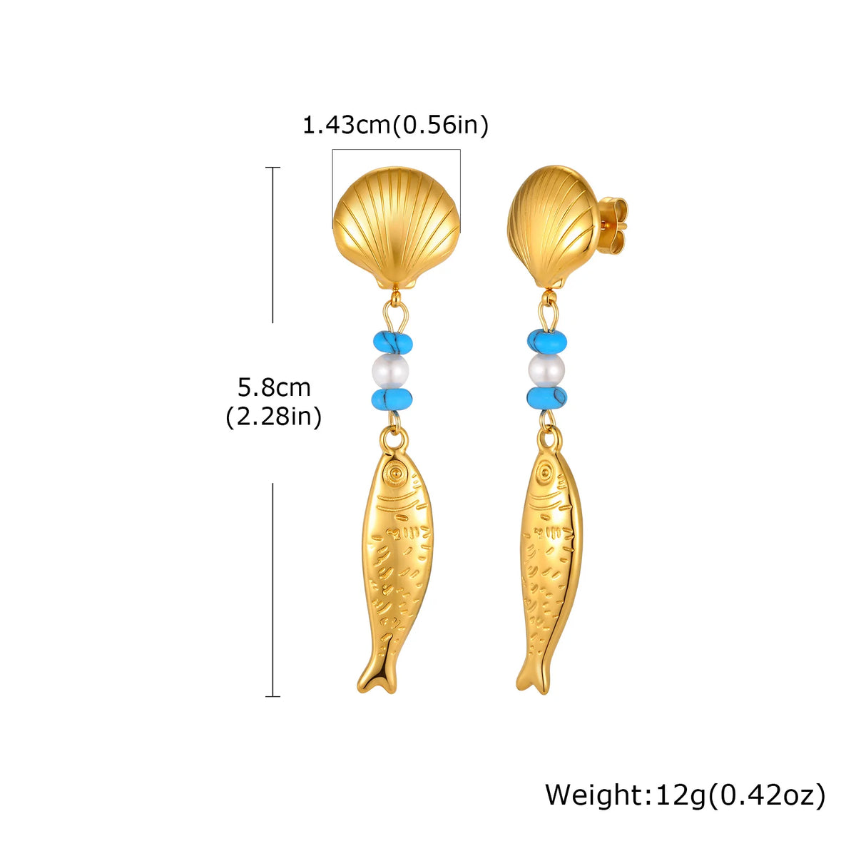 Gold Fish Drop Earrings – Turquoise Pearl Shell | Waterproof Drop Earrings SPOT ED-996G