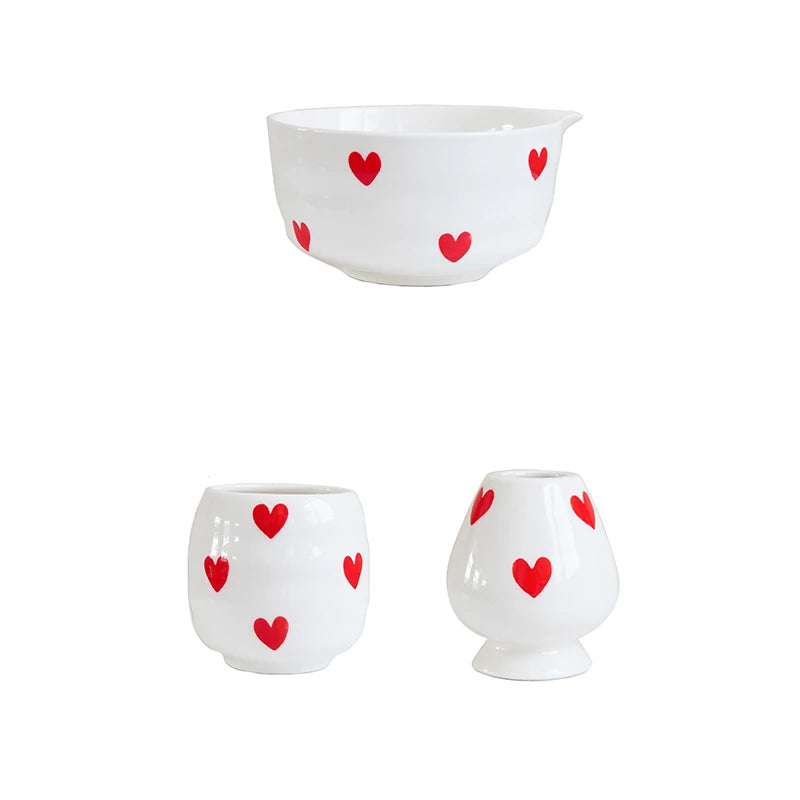 Ceramic Heart-Shaped Matcha Bowl Set – 2 or 3 Piece Gift Matcha Tea Set SPOT 3Pcs