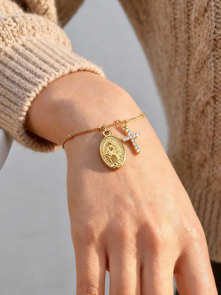 Virgin Mary Saint Benedict Zircon Cross Rosary Bracelet Religious Bracelet SPOT