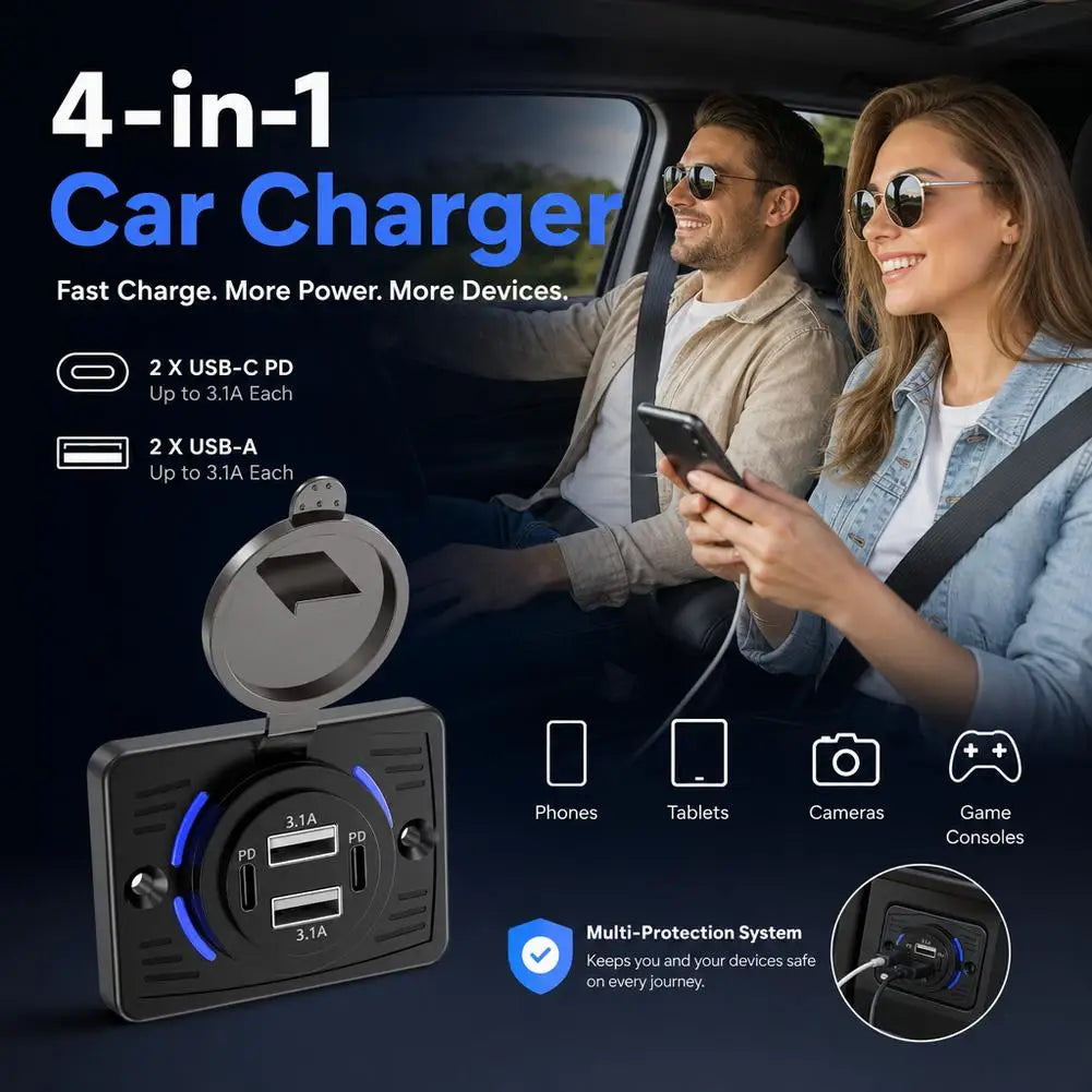 4-in-1 Car Charger QC3.0 + PD USB with Lid | 12V/24V RV Truck Car USB Charger SPOT