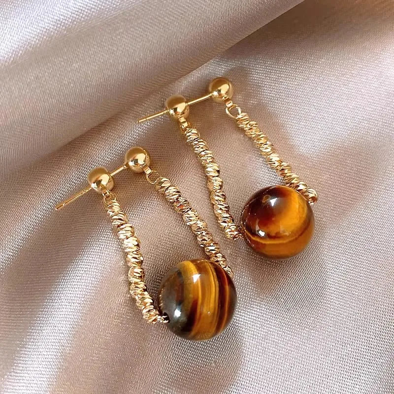 Gold Plated Tiger Eye & Pearl Beaded Drop Earrings – Meaeguet Beaded Dangle Earrings SPOT