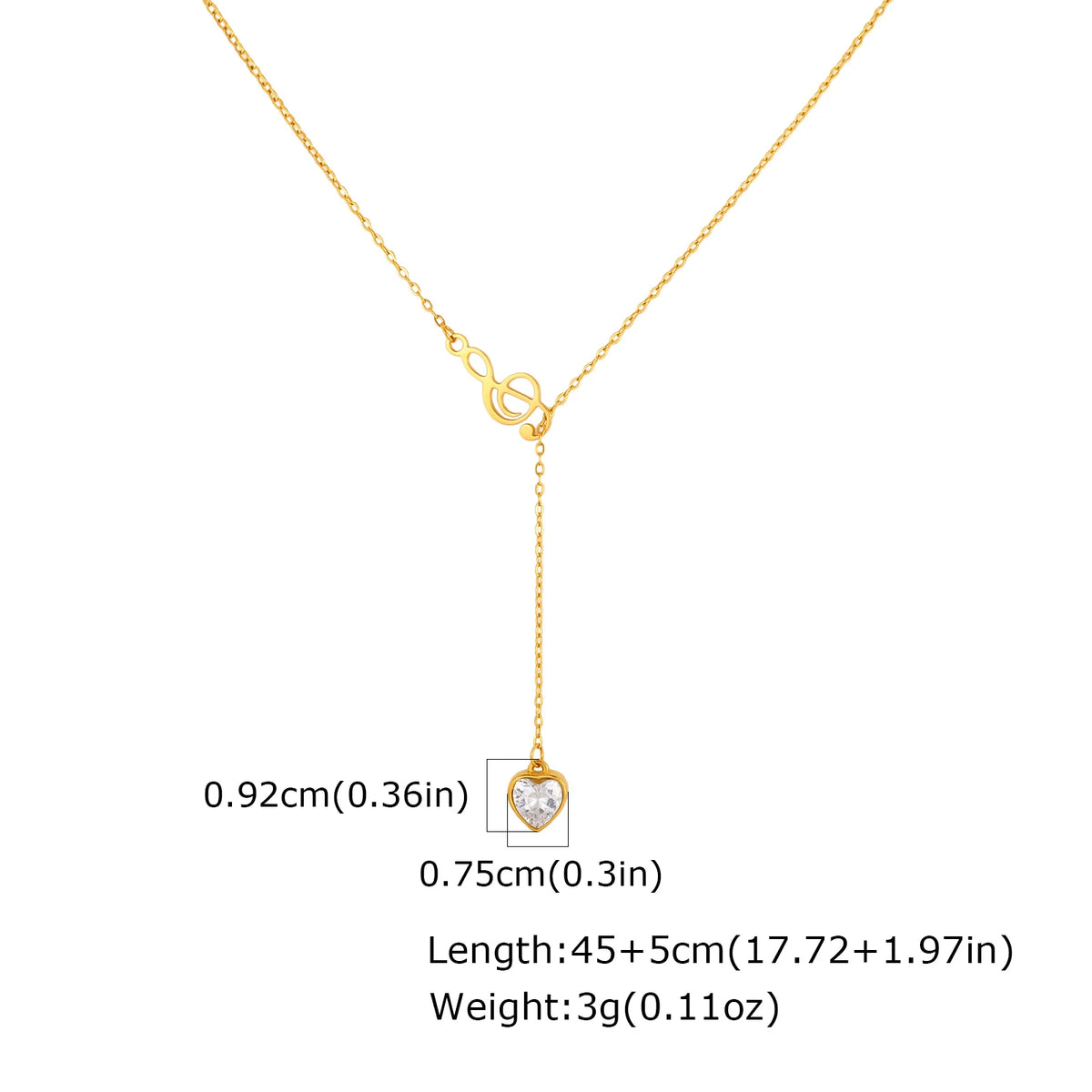 Music Note Heart CZ Lariat Y-Necklace | 18K Gold Stainless Steel Pendant Necklace SPOT NC-3114G