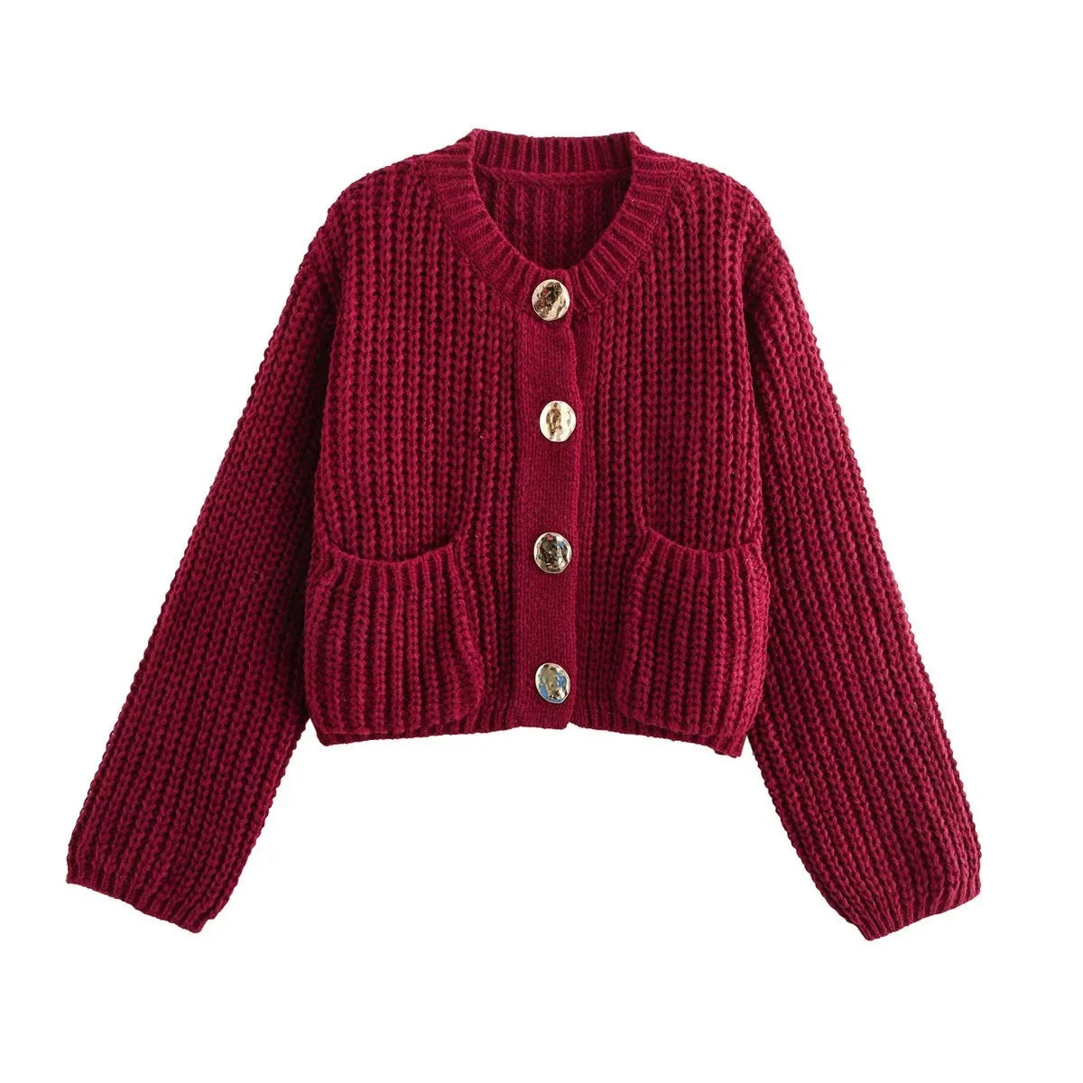 Women's Loose Knit Cardigan – Long Sleeve Button Sweater Coat Knit Cardigan Sweater SPOT One Size Red