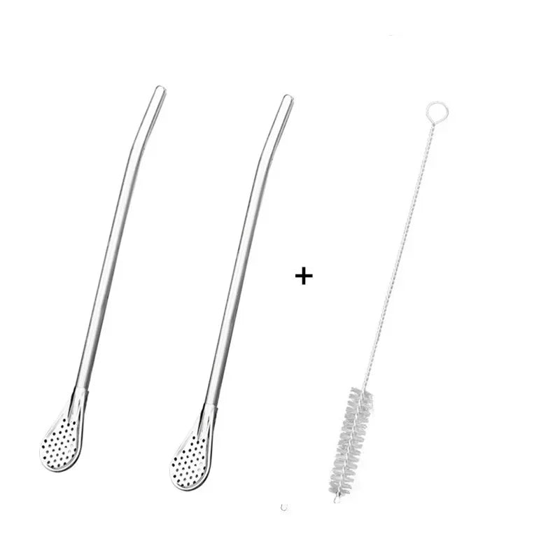 Stainless Steel Straw Spoon with Filter & Cleaning Brush Straw Spoon Set SPOT 2PCS