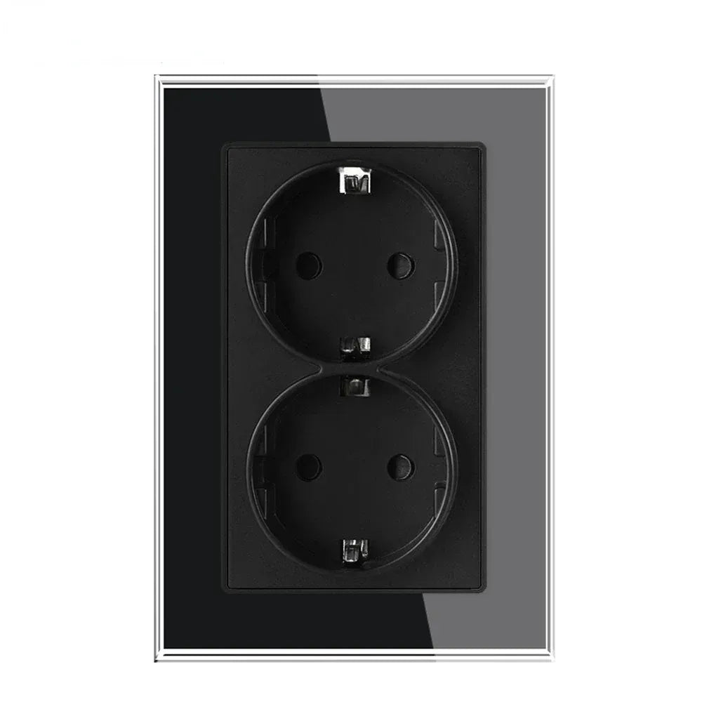 EU Double Wall Socket Crystal Glass 2-Outlet 220V | 123×86mm Wall Power Socket SPOT Black EU