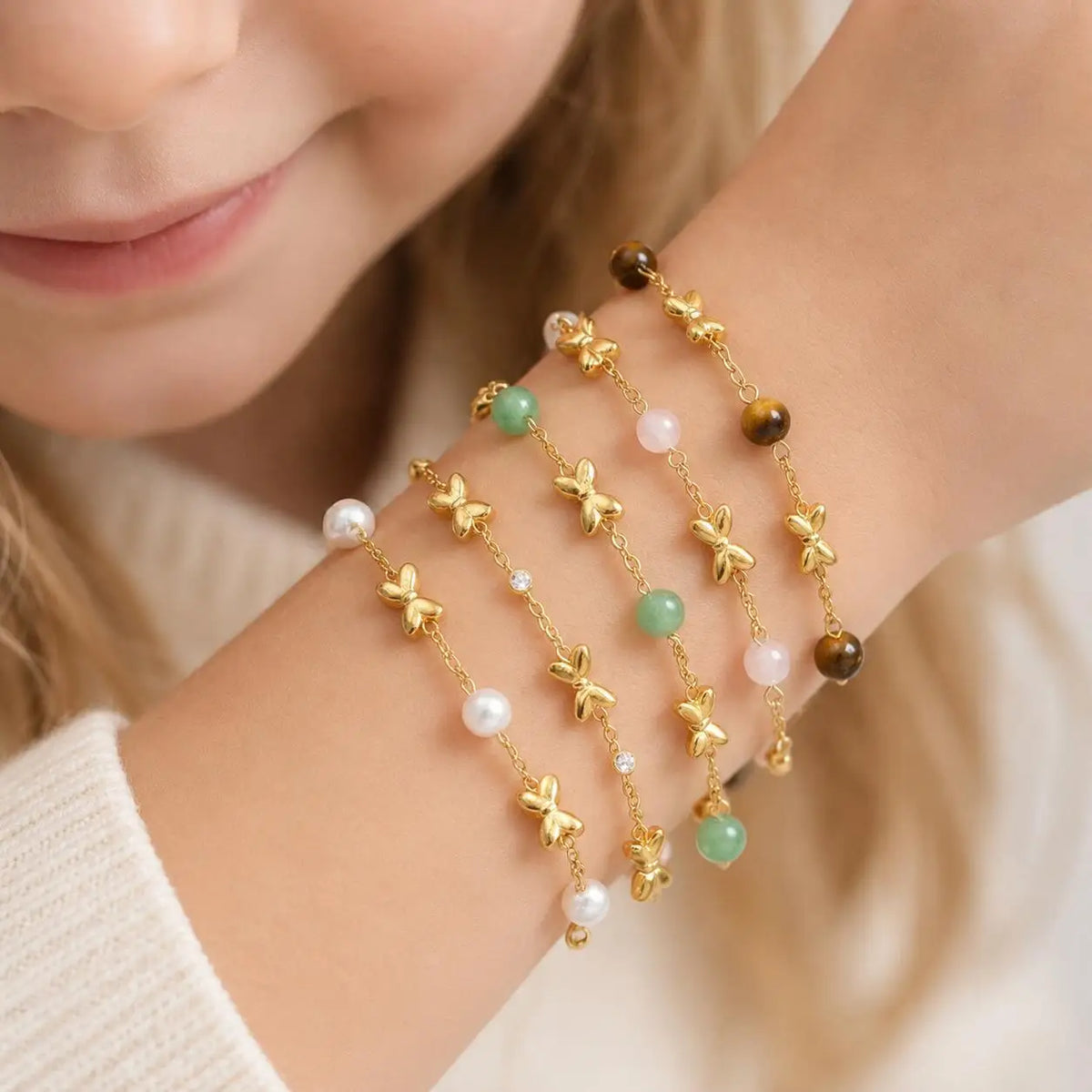 Bowknot Natural Stone Bead Bracelet – 18K Gold Girls Jewelry Girls Charm Bracelet SPOT