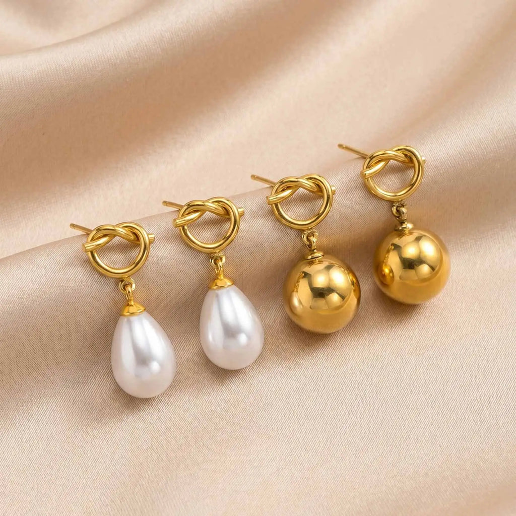 18K Gold Plated Knot Teardrop Pearl Drop Earrings | Dangle Pearl Drop Earrings SPOT