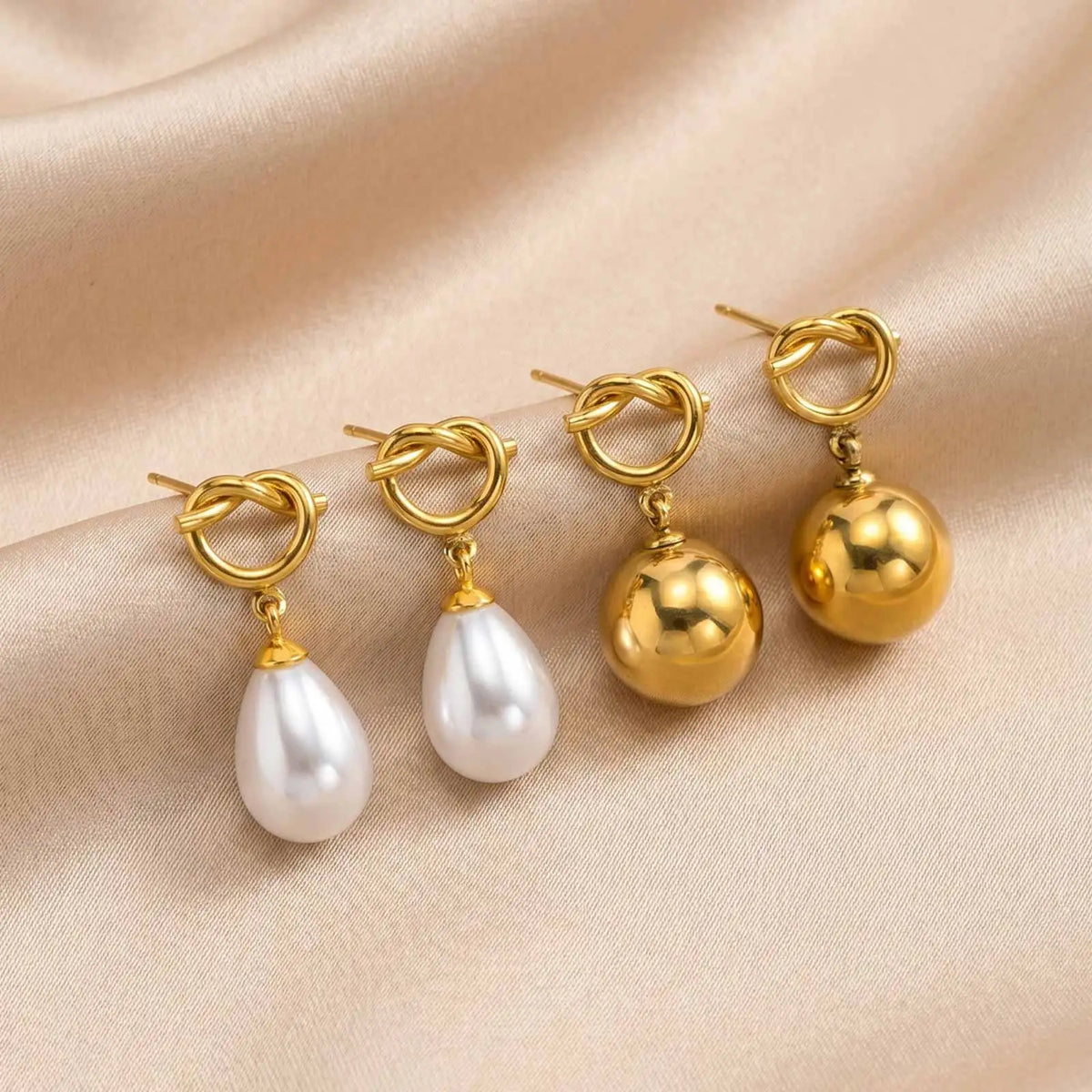 18K Gold Plated Knot Teardrop Pearl Drop Earrings | Dangle Pearl Drop Earrings SPOT