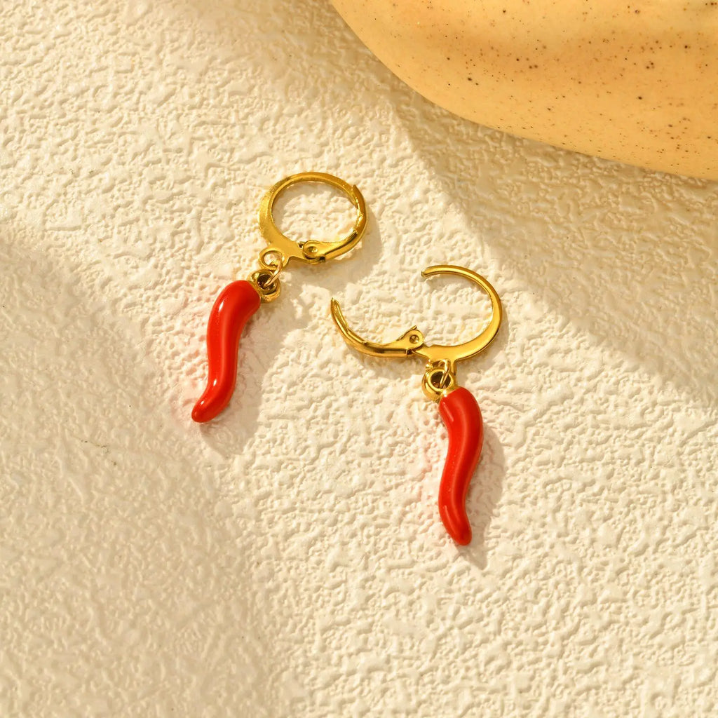 Red Chili Pepper Enamel Drop Earrings – Gold Stainless Steel Drop Dangle Earrings SPOT Default Title