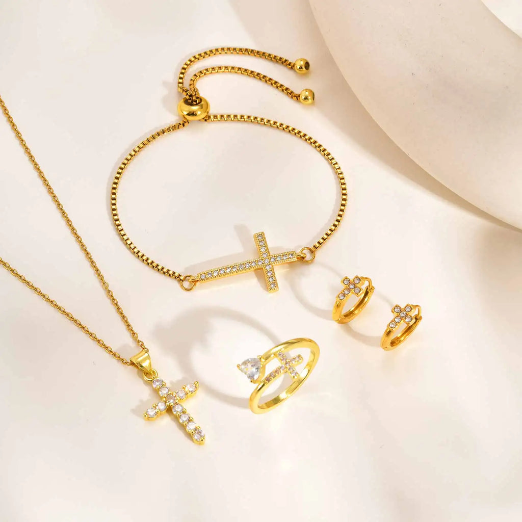 Christian Cross Jewelry Set – Gold Necklace, Bracelet, Earrings & Ring Jewelry Set SPOT