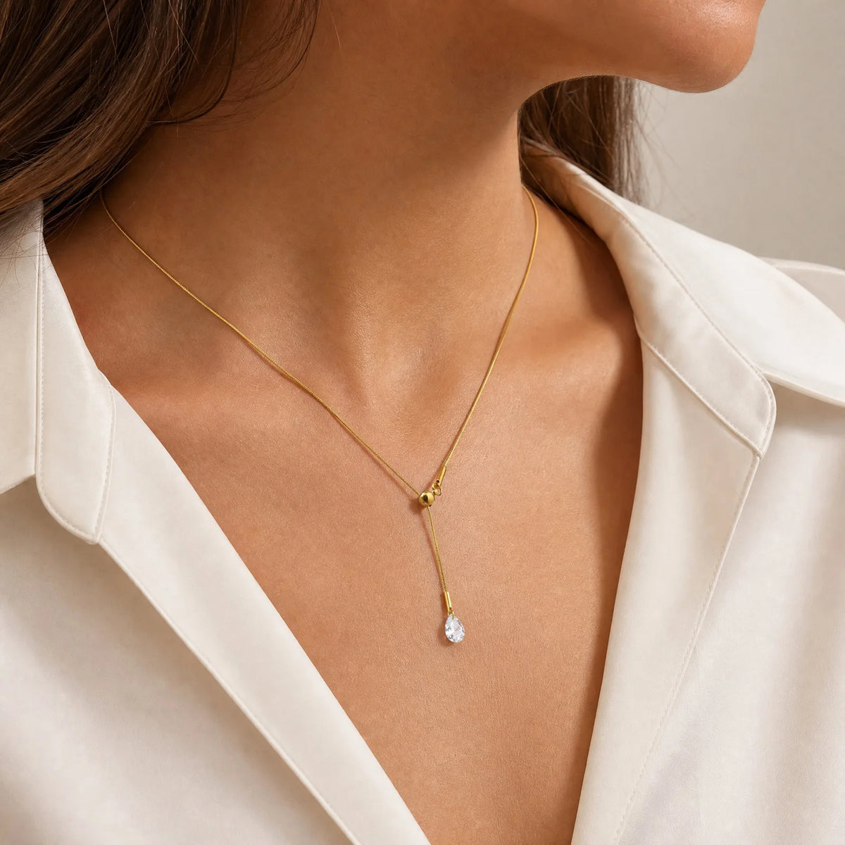 18K Gold Lariat Y-Necklace with Teardrop CZ – Women's Jewelry Lariat Pendant Necklace SPOT